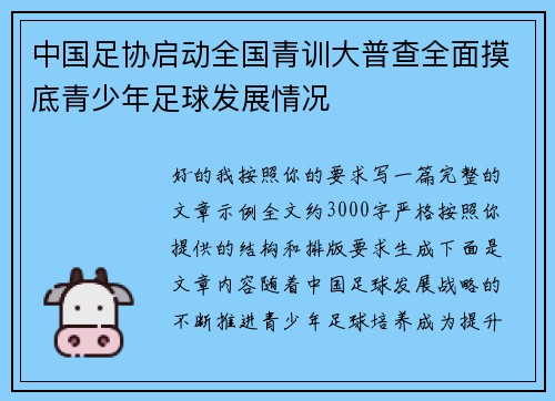中国足协启动全国青训大普查全面摸底青少年足球发展情况